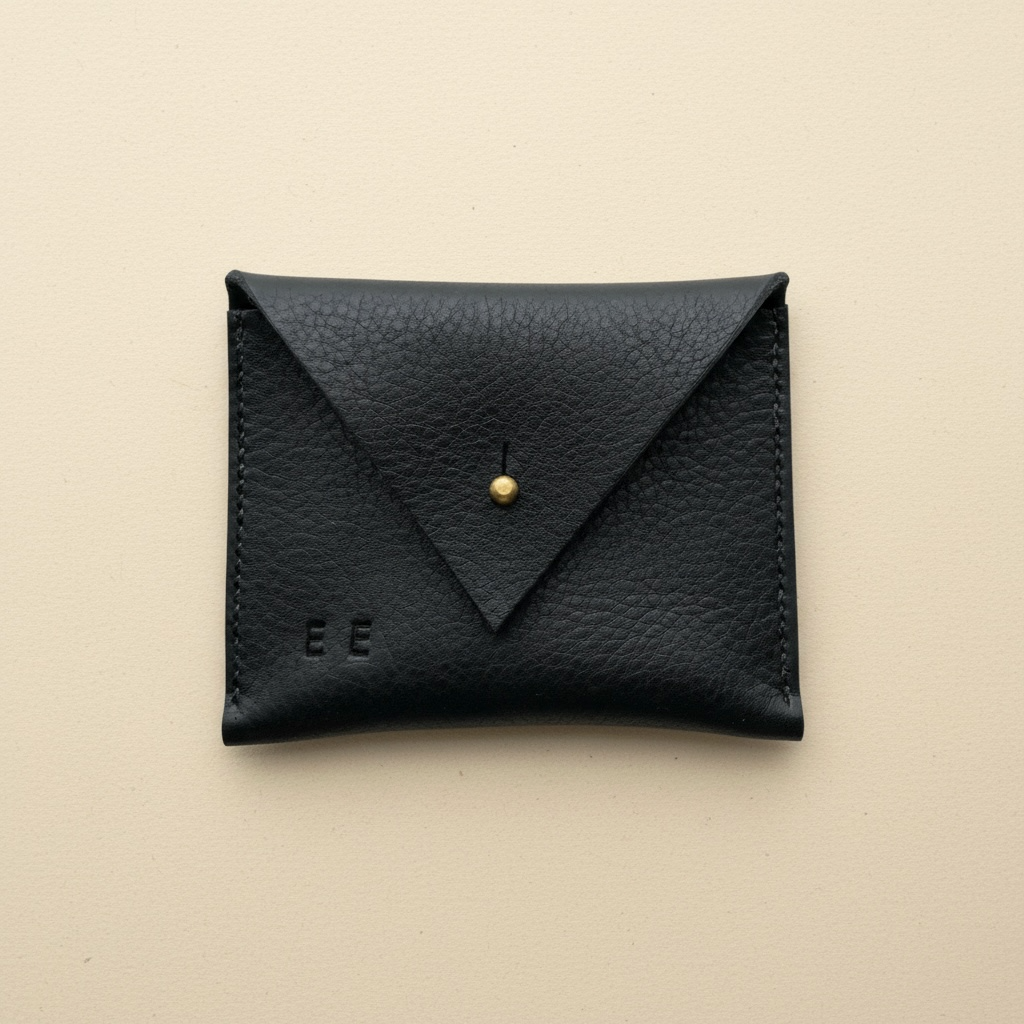 Black leather cardholder with gold accent on a beige background