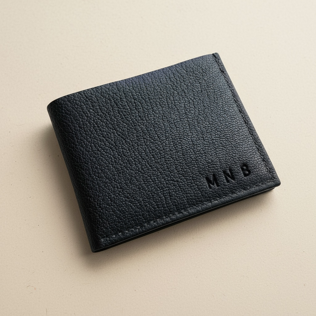 Black leather wallet with 'MNB' personalised initials on a beige background