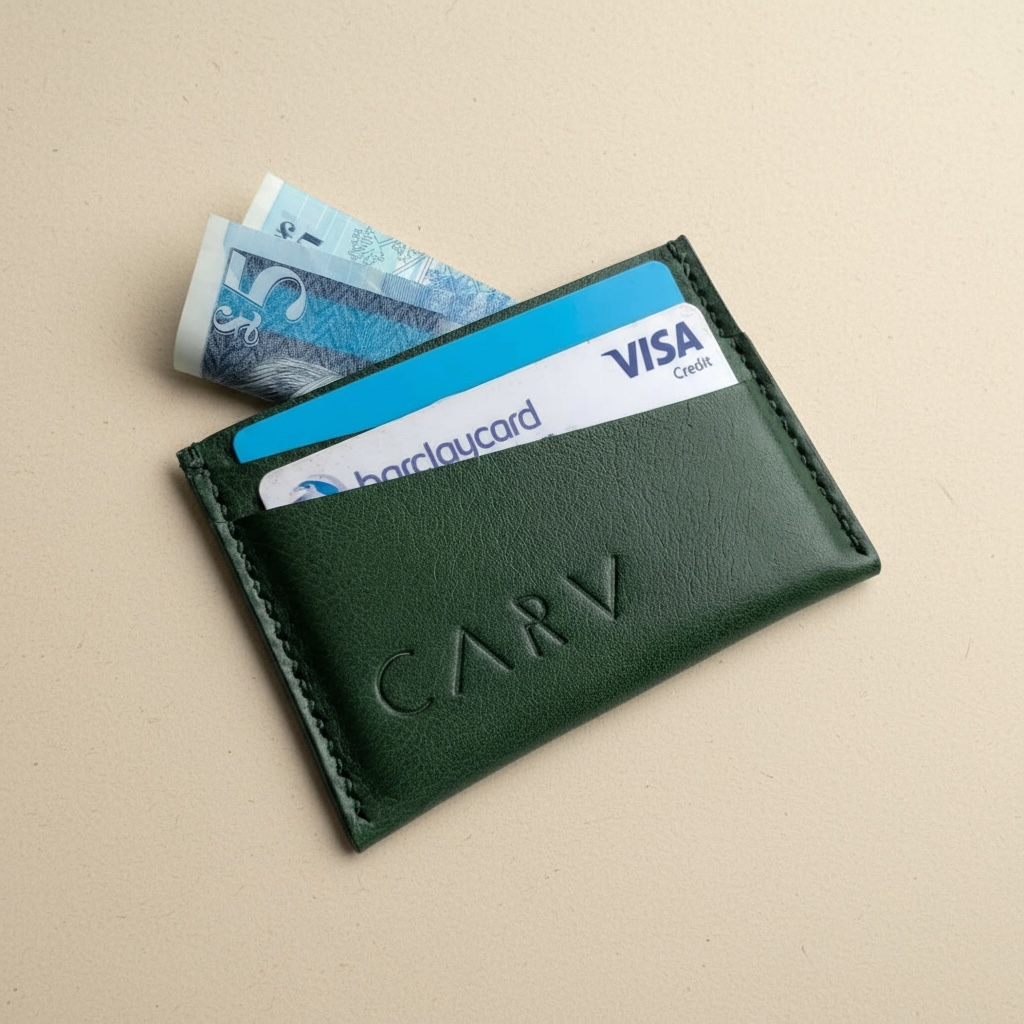 Green leather wallet with cards and money on a beige background