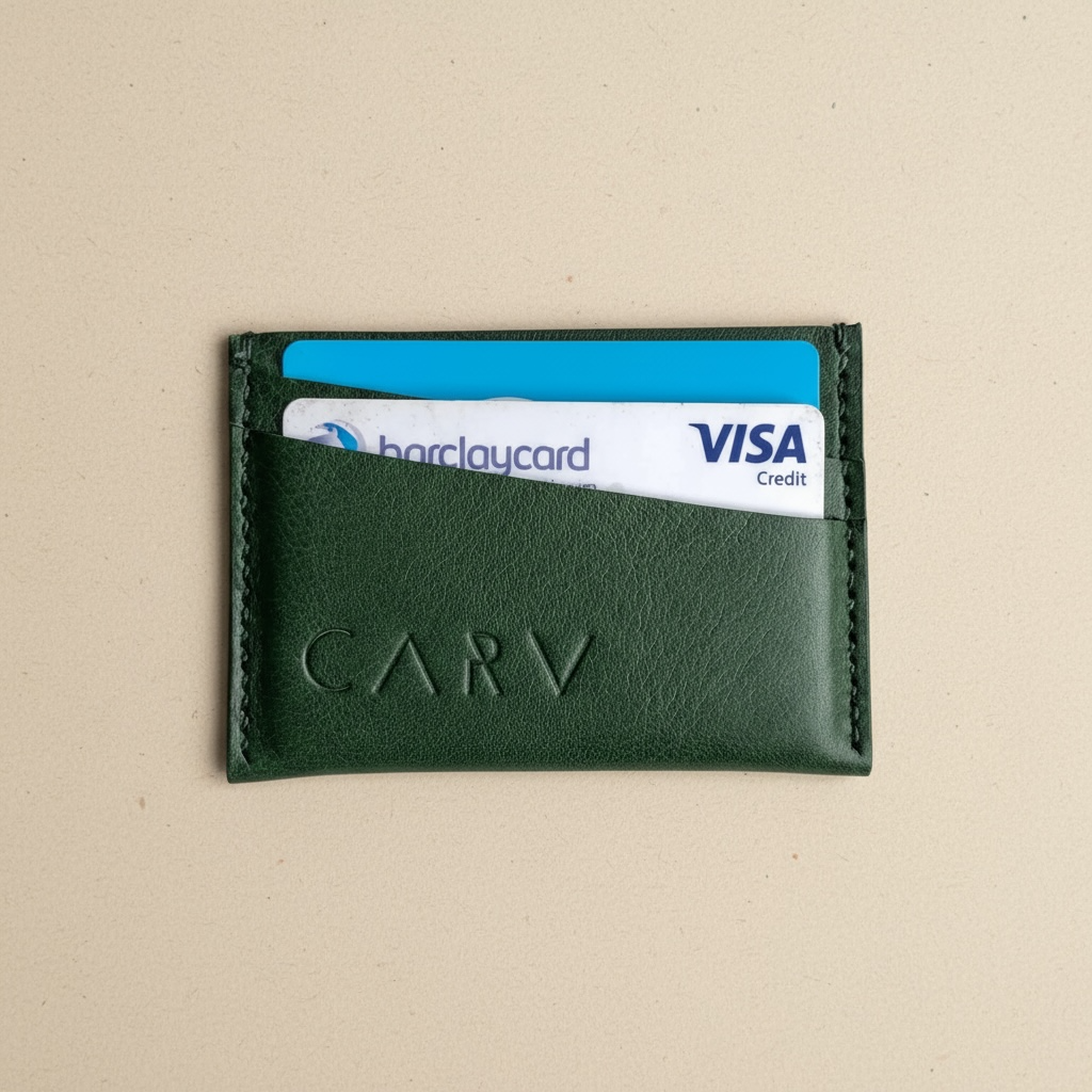 Green leather cardholder with Barclays and Visa cards on a beige background