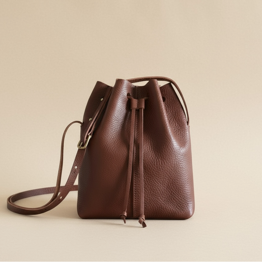 Brown leather drawstring bag on a beige background