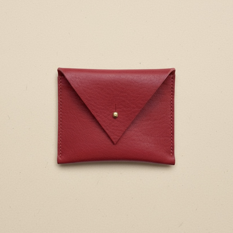 Red leather coin purse with a gold button on a beige background