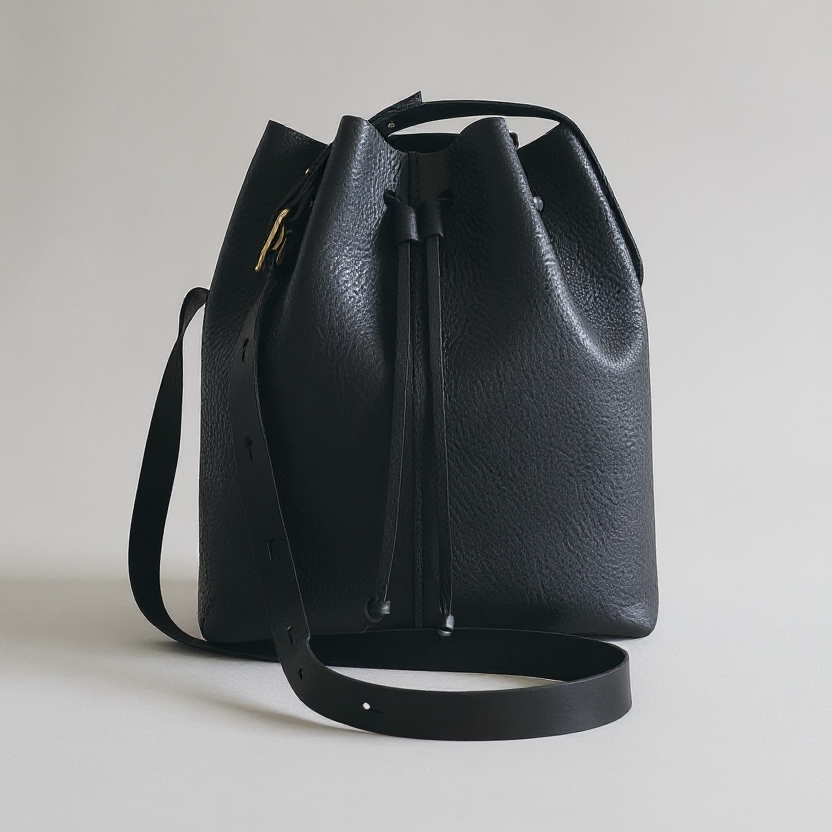 Black leather bucket bag on a light gray background