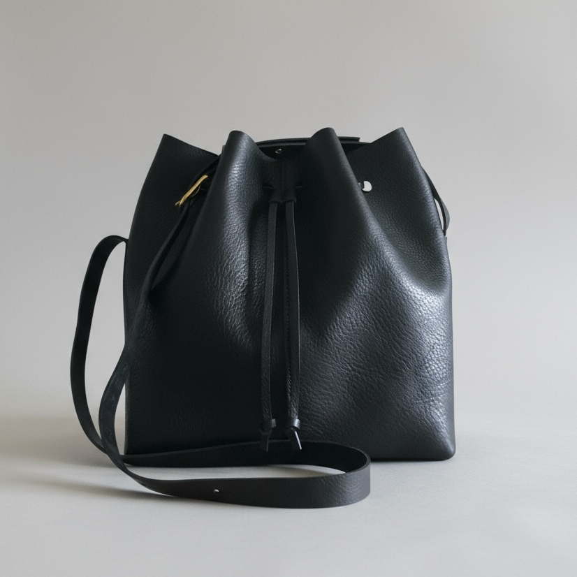 Black leather bucket bag on a light gray background