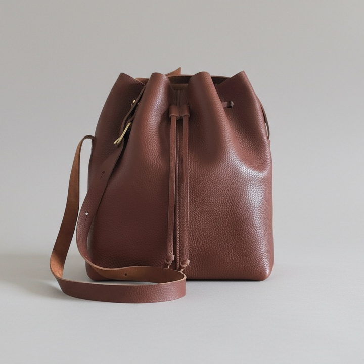 Brown leather bucket bag on a light gray background