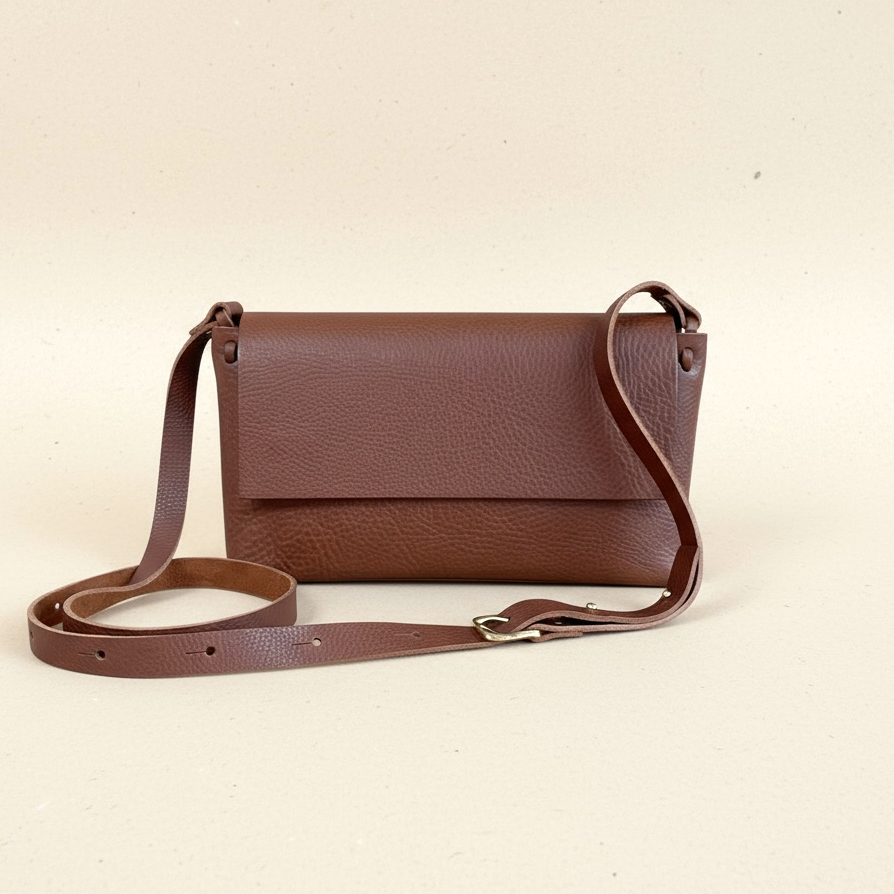 Brown leather crossbody bag on a beige background